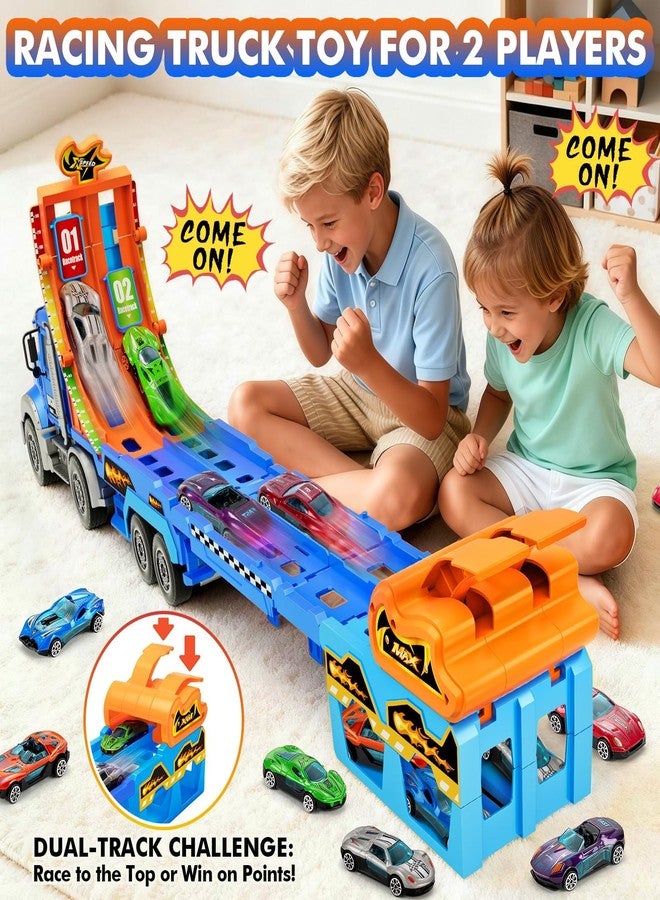 ShyLizard Truck Car Toys for 3, 4, 5, 6, 7, 8 Years Old Kids, Carrier Truck Race Track Toys, Foldable Transport Car Toys with Foldable Race Tracks and 6 Metal Cars, Birthday Gifts for Toddler Boys Girls (Blue) - Image 2